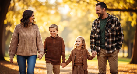 A smiling family of four holding hands during a sunny autumn walk in a park with yellow leaves.の素材