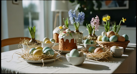 A festive Easter table setting with decorated eggs, small potted flowers, and a cake adorned with pastel icing and flowers.の素材