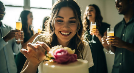 A joyful woman cuts a white wedding cake with pink flowers, surrounded by friends holding glasses of champagne.の素材
