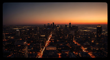 A panoramic view of a bustling city at dusk, illuminated by countless lights from buildings and streets, creating a vibrant urban landscape.の素材