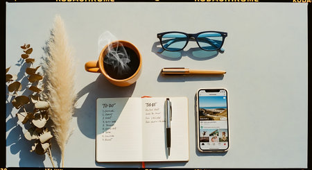 A flat lay of a minimalist workspace featuring a coffee cup, open notebook, pen, sunglasses, smartphone, and dried plant on a white surface.の素材