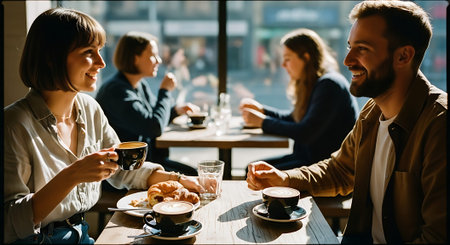 A man and woman smiling and sharing pastries at a cafe table with coffee cups, surrounded by other patrons in a well-lit, modern dining area.の素材