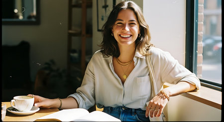 A woman smiling and sitting by a window in a cafe, holding a book and a cup of coffee, wearing a light blouse and jeans.の素材
