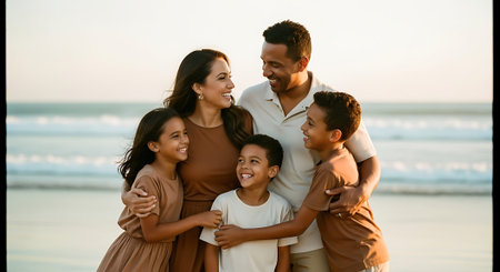 A joyful family of five embracing on a sandy beach at sunset, with the ocean in the background.の素材