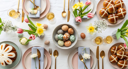 A beautifully arranged Easter table with pastel plates, cutlery, pastries, decorated eggs, and spring flowers.の素材