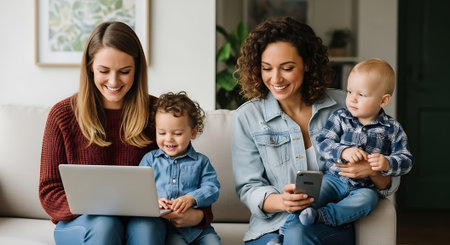 Two women and two young children sitting on a couch using laptops and tablets, smiling and engaged.の素材