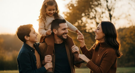 A joyful family of four, including two children, enjoying a warm embrace during a golden sunset in a natural park setting.の素材