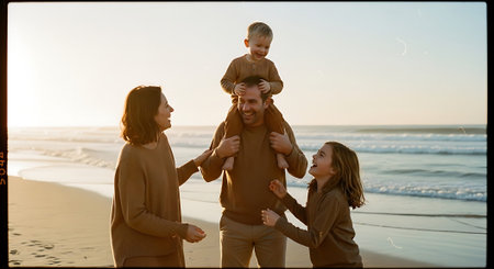 A joyful family of four on a sandy beach at sunset, with the father carrying the youngest child on his shoulders.の素材