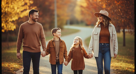A family of four walks hand-in-hand down a scenic autumn road, surrounded by trees with fall foliage.の素材