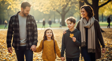 A smiling family of four walking hand-in-hand in a park during autumn, surrounded by fallen leaves and trees.の素材