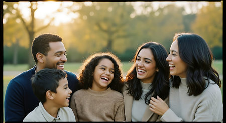 A joyful family of five, including parents and children, smiling and embracing in a park during sunset.の素材