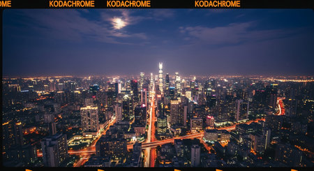 Aerial view of a bustling city at night, illuminated skyscrapers, and a full moon in the sky. Vibrant city lights and roads visible.の素材