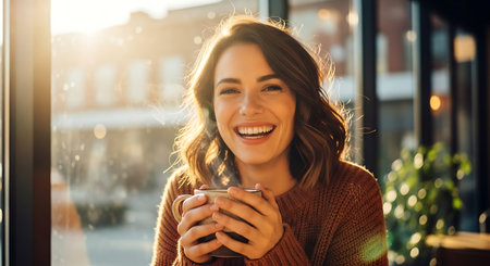 A joyful woman with long brown hair smiles while holding a cup of coffee, sitting by a window with a blurred outdoor view.の素材