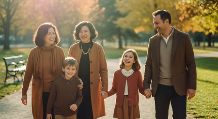A joyful family of five strolling hand-in-hand through a park with autumn foliage.の素材