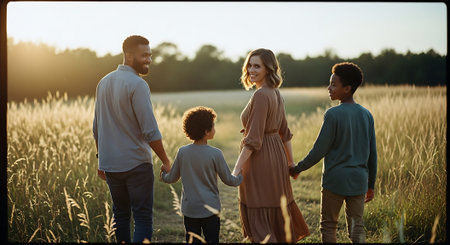 A family of four holding hands and walking through a tall grass field at sunset.の素材