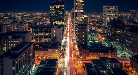 Aerial view of a bustling city street at night, illuminated by building lights and car light trails, surrounded by tall skyscrapers.の素材