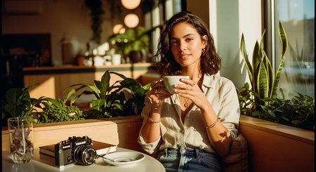 A woman sips coffee in a cozy cafe with large windows and abundant greenery.の素材