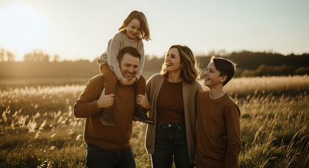A joyful family of four, including a child on shoulders, posing in a field during a warm sunset with a serene lake in the background.の素材