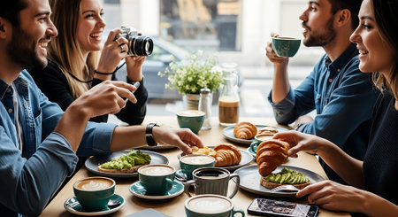 Four people smiling and sharing a meal at a cafe table with pastries, coffee, and tea.の素材