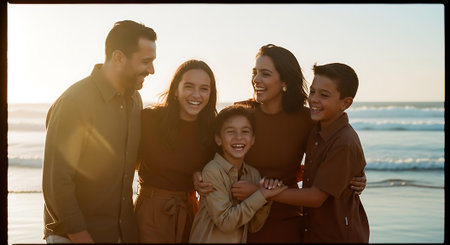 A joyful family of five posing together on a beach at sunset, with the ocean in the background.の素材