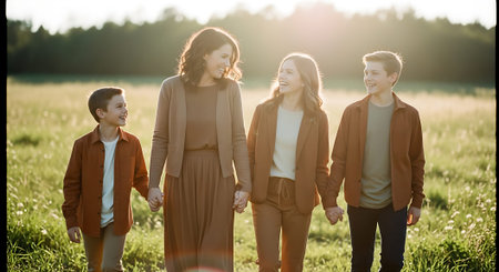 A family of four, two adults and two children, walking hand in hand in a sunlit grassy field.の素材