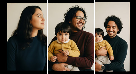 A triptych of a family with a smiling baby held by parents, featuring warm colors and a cozy atmosphere.の素材
