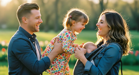 A smiling couple with two young children enjoying a sunny day in a park, with the older child wearing a colorful floral dress and the younger in a blue jacket.の素材