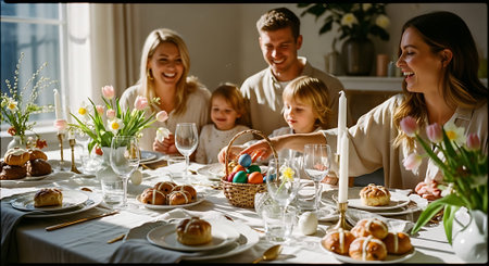 A joyful family gathered around a table filled with Easter treats, flowers, and pastries, celebrating a warm and bright holiday meal.の素材