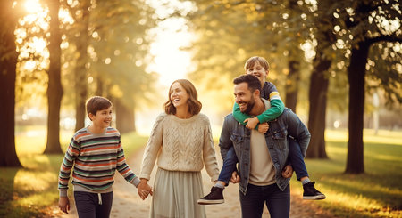 A joyful family of four strolls hand-in-hand through a sunlit park, with the father carrying their young child on his shoulders.の素材