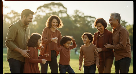 A happy multi-generational family posing together outdoors in a park, dressed in warm brown and red clothing, smiling and embracing.の素材