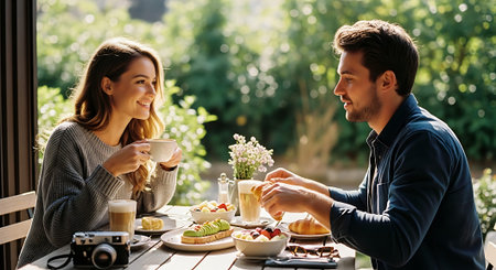 A man and woman smiling and sharing a meal at an outdoor table with sandwiches, drinks, and pastries.の素材