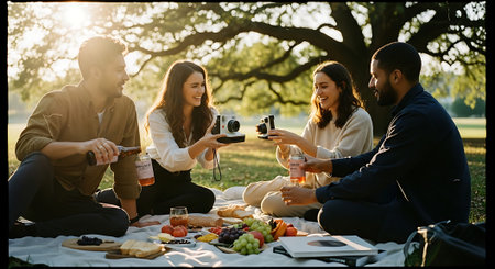 Five people enjoying a picnic in a park, sharing food and taking photos with vintage cameras.の素材