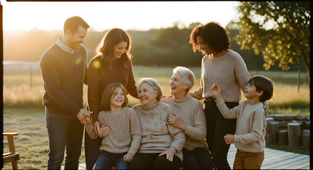 A happy multi-generational family posing together outdoors during sunset.の素材