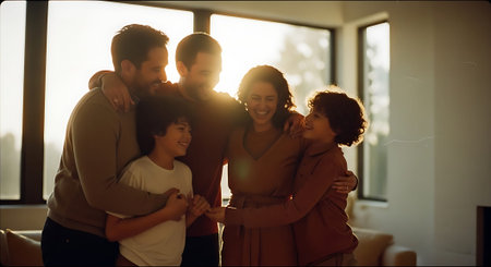 A joyful family of six sharing a warm group hug in a bright living room with large windows.の素材