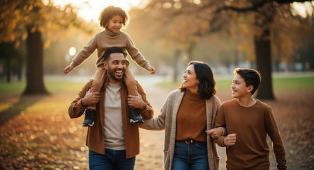 A joyful family of four walking in a park during autumn, with a father carrying a young child on his shoulders.の素材