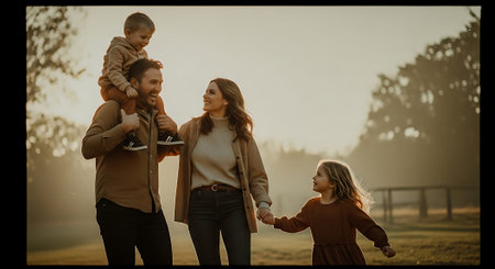 A joyful family of four, including two adults and two children, walking hand in hand in a park during sunset.の素材