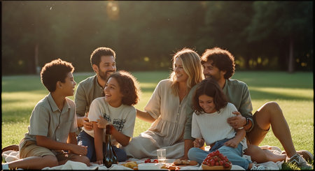 A joyful family of seven enjoying a picnic in a lush park, with food and drinks spread out on a blanket.の素材