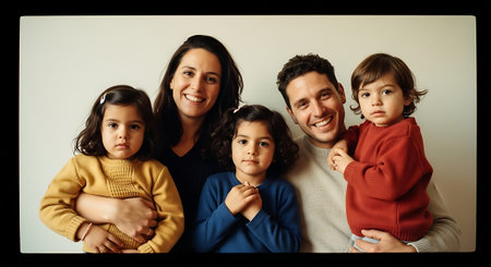 A joyful family of five, including parents and three young children, posing closely together wearing colorful sweaters against a plain background.の素材