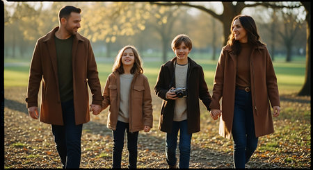 A family of four, two adults and two children, walking hand-in-hand in a park during autumn. They are dressed in brown coats and carrying cameras.の素材