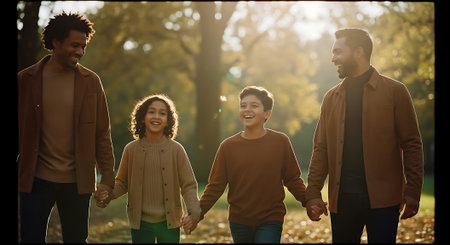 A joyful family of four holding hands and walking in a sunny autumn park with warm lighting and fall foliage.の素材