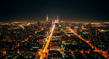 Aerial view of a bustling city at night, illuminated by streetlights and building lights, with prominent skyscrapers and a grid of roads.の素材