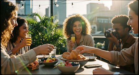 A joyful group of friends sharing a meal outdoors, with smiles, drinks, and food on a sunny rooftop patio.の素材