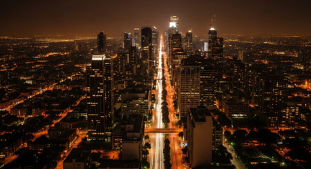 Aerial view of a bustling city at night with illuminated skyscrapers and light trails from vehicles on the roads.の素材