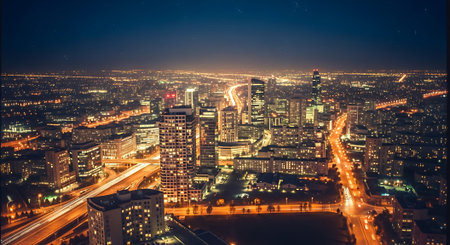Aerial view of a bustling city at night, illuminated by street lights and building lights, with busy roads and tall skyscrapers.の素材