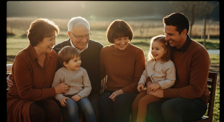 A multi-generational family of six, including grandparents, parents, and two young children, sitting closely together on a bench outdoors in warm, natural light.の素材