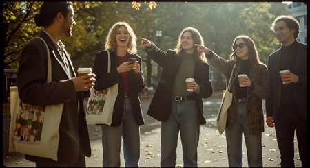 Five people standing outdoors in autumn, holding coffee cups, laughing and enjoying each other's company in a park.の素材