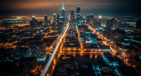 Aerial view of a vibrant cityscape at night with illuminated skyscrapers and busy streetsの素材