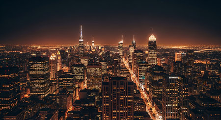 Aerial view of a bustling cityscape at night with skyscrapers and streets illuminatedの素材