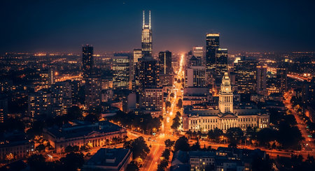 Aerial view of a city at night with illuminated skyscrapers and streetsの素材