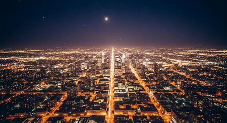 Aerial view of a city at night with a bright moon shining aboveの素材